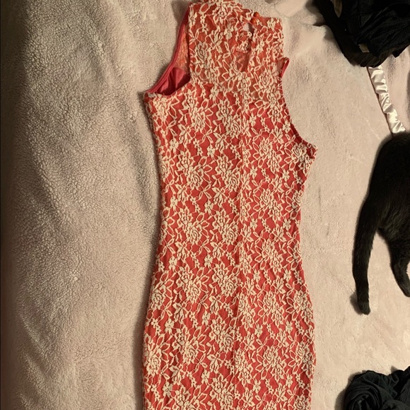 Hot Pink Dress with Cream Lace Overlay - Picture 2 of 4